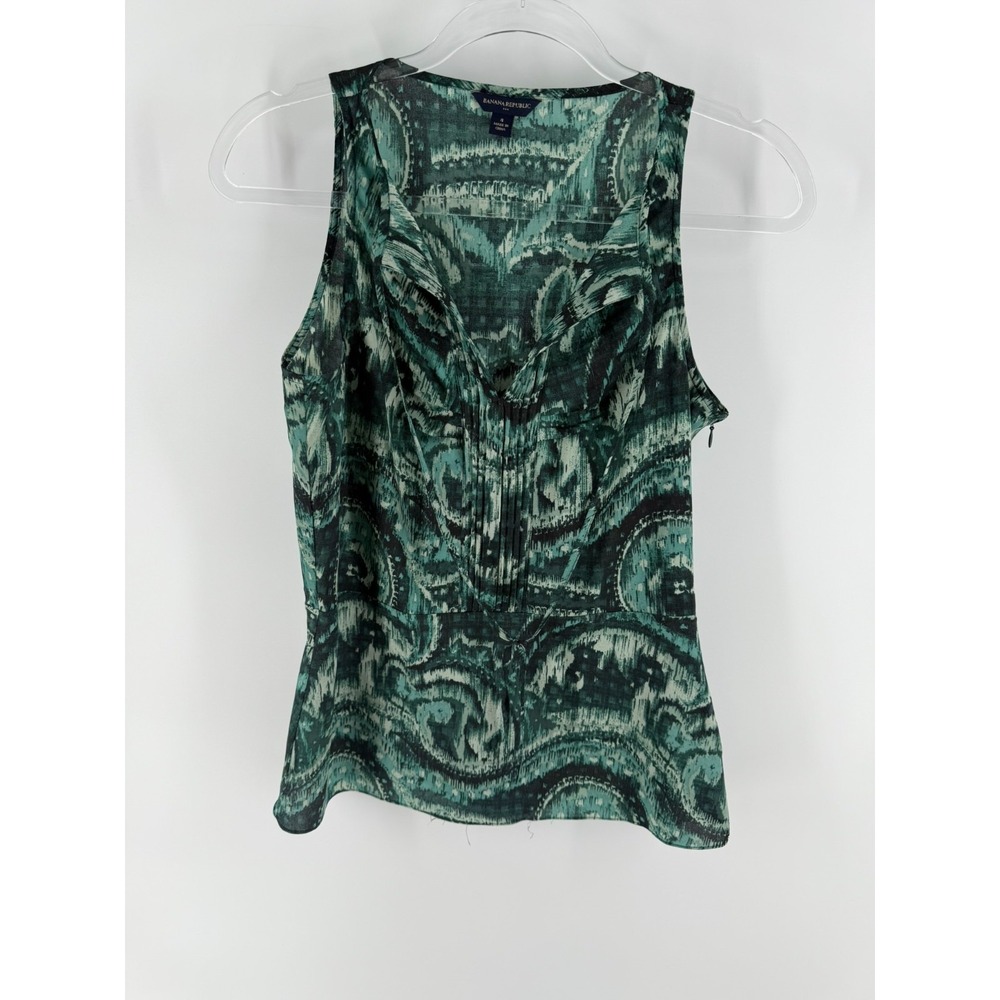 Banana Republic Blouse Top Womens 4 Green Abstract Ikat Peplum Hem Sleeveless